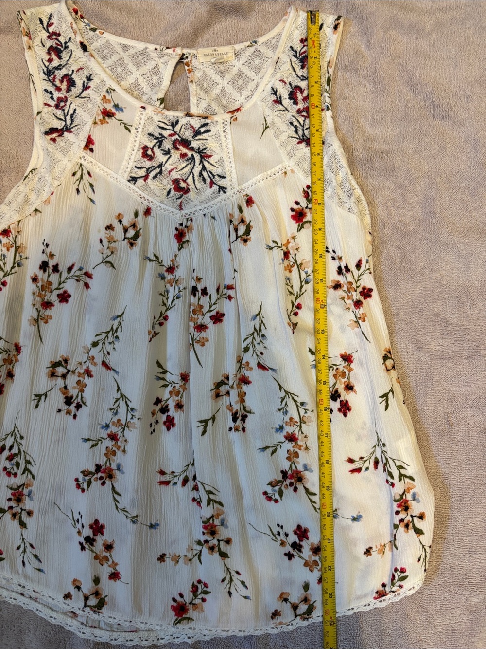Mason & Belle Floral Lace Yoke Sleeveless Tank Top - White - Size M - Picture 6 of 8